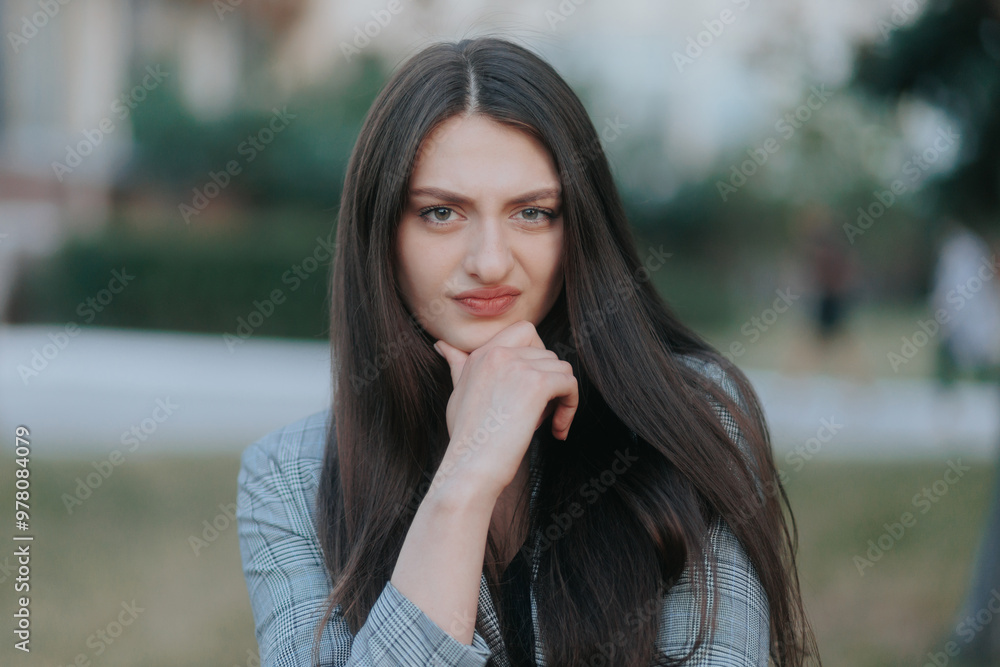 Obraz premium Portrait of a Woman Outdoors Looking at the Camera with Suspicion
