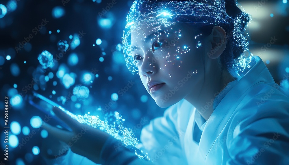 Woman's Face with Glowing Blue Lines and Dots Woman's Face with Glowing Blue Lines and Dots