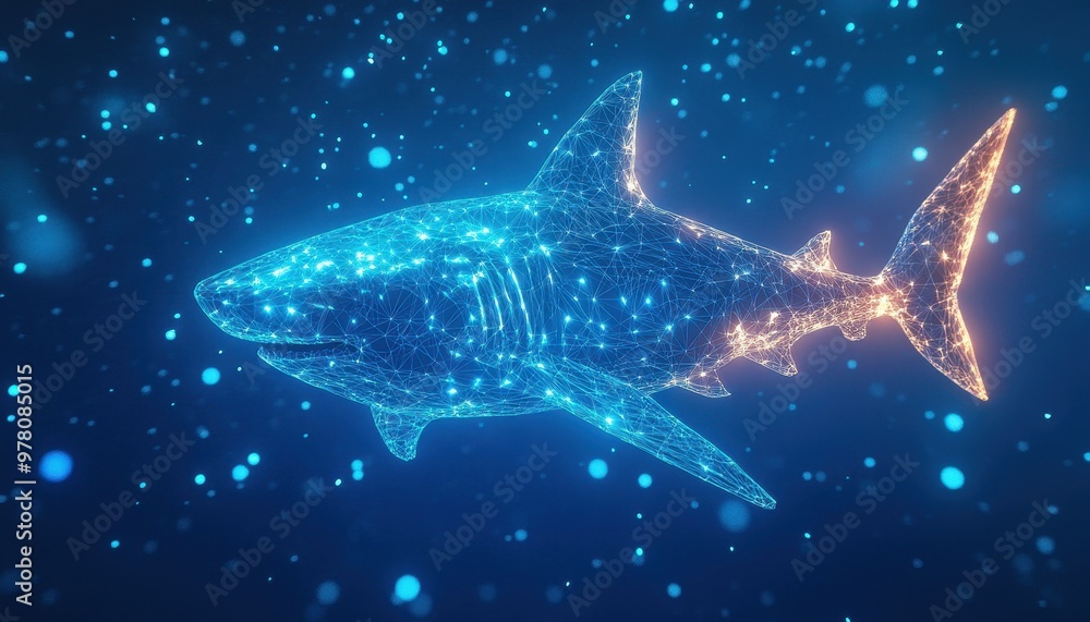 Abstract Wireframe of a Shark Glowing with Blue and Yellow Light Abstract Wireframe of a Shark Glowing with Blue and Yellow Light