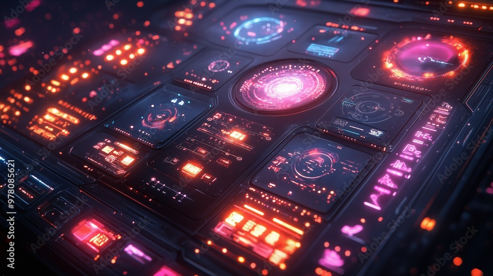 Obraz premium Vibrant tech interface featuring creative design elements, 3D visuals, digital display, futuristic layout. AI generated