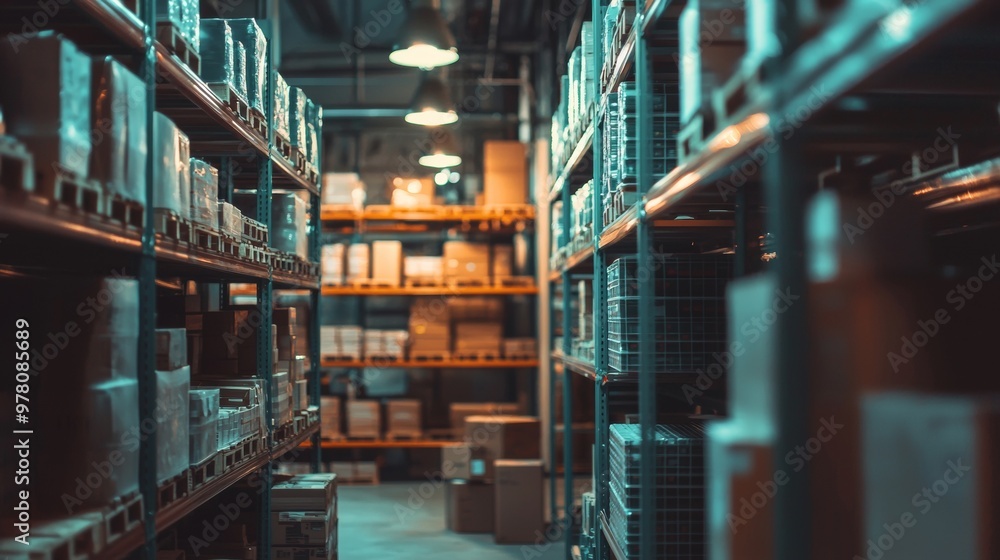 Warehouse storage with shelves full of boxes and goods Warehouse storage with shelves full of boxes and goods