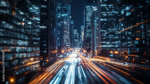 High-speed traffic light trails in a futuristic city at night