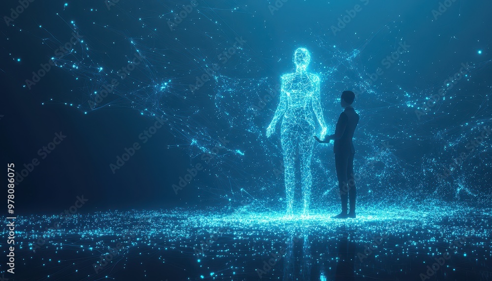 Obraz premium A Man Interacting with a Digital Human Representation Constructed of Blue Light and Lines
