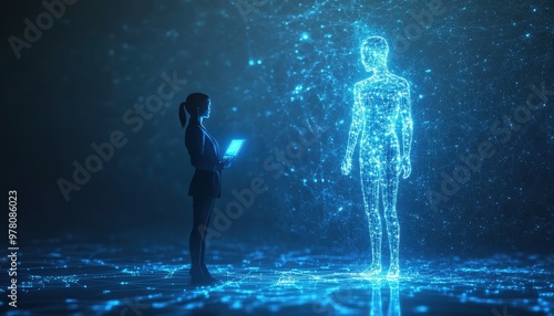 Woman with Laptop Observing a Glowing Digital Human Silhouette