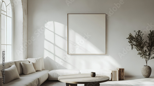 Fototapeta Naklejka Na Ścianę i Meble -  Grunge old accent coffee table near white sofa against arched window and white wall with big art poster frame. Minimalist, art deco interior design of modern living room, home.