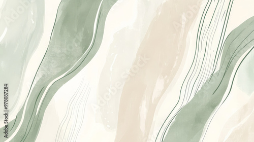 Obraz na płótnie A minimalist hand-drawn background featuring delicate sketchy lines forming an abstract pattern in muted tones of sage green and cream, creating a serene and elegant design. w salonie