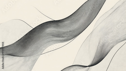 A minimalist hand-drawn design with fine black lines creating an abstract pattern of intersecting shapes and subtle textures on a light gray background.