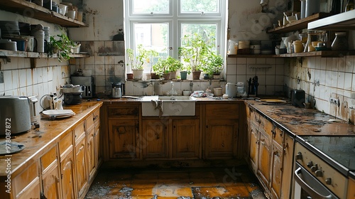 Flooded kitchen with water-damaged wooden cabinets and shelves, peeling surfaces, soaked flooring, and visible mold growth, insurance claim scene