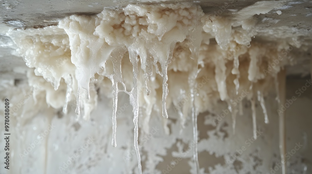 Soggy insulation dangling from a ceiling, water dripping into a flooded room, illustrating severe water damage and home insurance claim scenarios Soggy insulation dangling from a ceiling, water dripping into a flooded room, illustrating severe water damage and home insurance claim scenarios