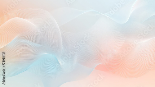 A minimalistic abstract background with soft pastel geometrical shapes in light blue, peach, and pink, accented by flowing wavy lines for a serene, calming effect. photo