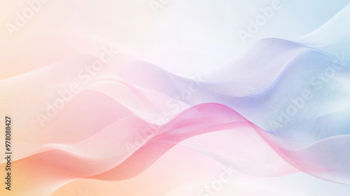 A minimalistic abstract background with soft pastel geometrical shapes in light blue, peach, and pink, accented by flowing wavy lines for a serene, calming effect. photo