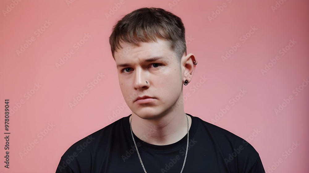 Obraz premium A jaded young Caucasian man with short brown hair. He is wearing a black t-shirt and a necklace. The man has a few piercings on his ears. The background is a soft pink color with copy space 