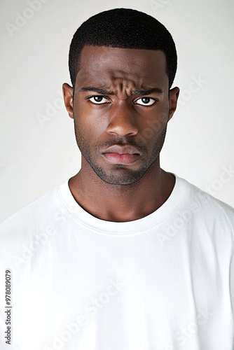 a young Black man exhibiting an annoyed expression, against a clean white backdrop