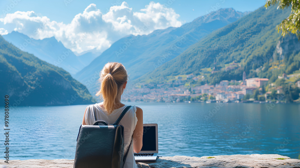 Fototapeta premium Happy female digital nomad freelancer working remotely