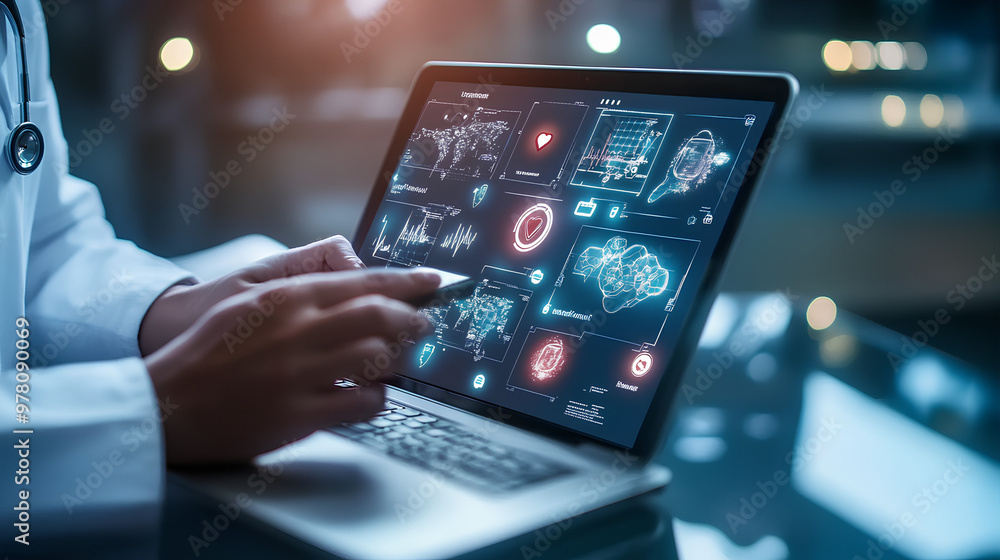 Health Insurance, telemedicine, virtual hospital, family medicine concept. Doctor using laptop computer with health care icons, medical technology background, health insurance business Health Insurance, telemedicine, virtual hospital, family medicine concept. Doctor using laptop computer with health care icons, medical technology background, health insurance business