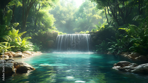 Jungle Waterfall 3D Background - Lush Greenery and Crystal Clear Water