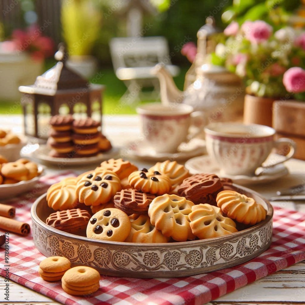 Cookies auf einem Tisch im Garten Cookies auf einem Tisch im Garten