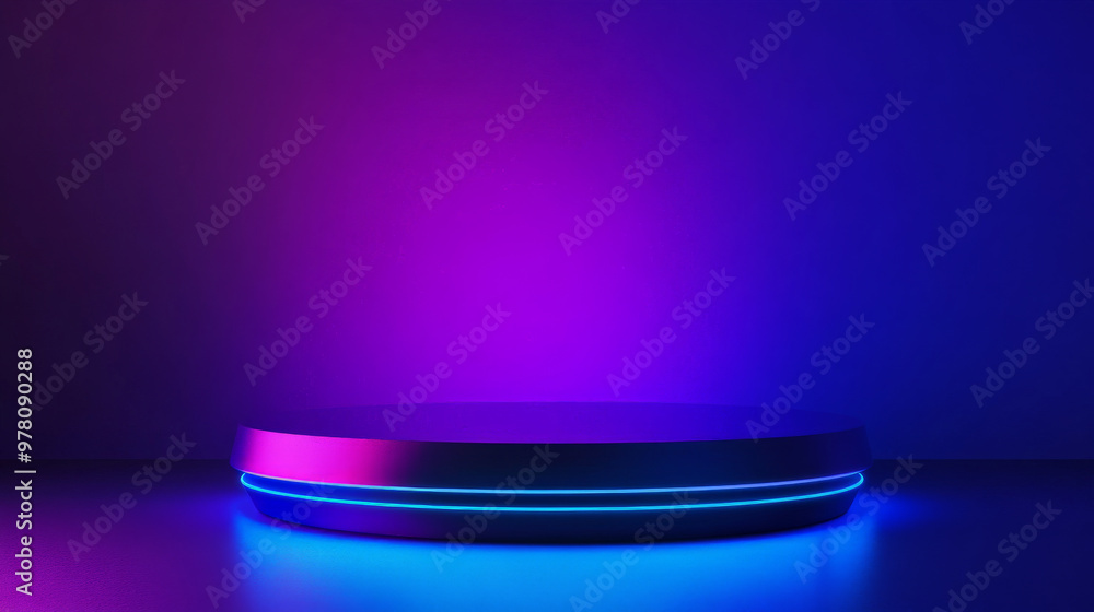 A neon blue podium with sharp edges, glowing softly under dark, vibrant lighting. The background features a deep gradient from purple to electric blue, creating a bold, high-energy atmosphere. A neon blue podium with sharp edges, glowing softly under dark, vibrant lighting. The background features a deep gradient from purple to electric blue, creating a bold, high-energy atmosphere.