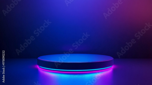 A neon blue podium with sharp edges, glowing softly under dark, vibrant lighting. The background features a deep gradient from purple to electric blue, creating a bold, high-energy atmosphere.