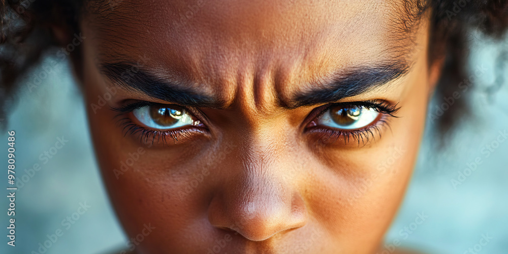 Determined Frown: A woman with a determined expression, furrowing her brow. Determined Frown: A woman with a determined expression, furrowing her brow.