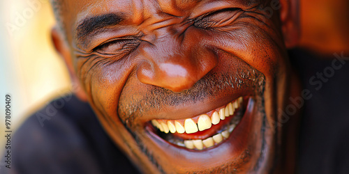 Carefree Laugh: A man laughing heartily, showing his teeth and wrinkles.