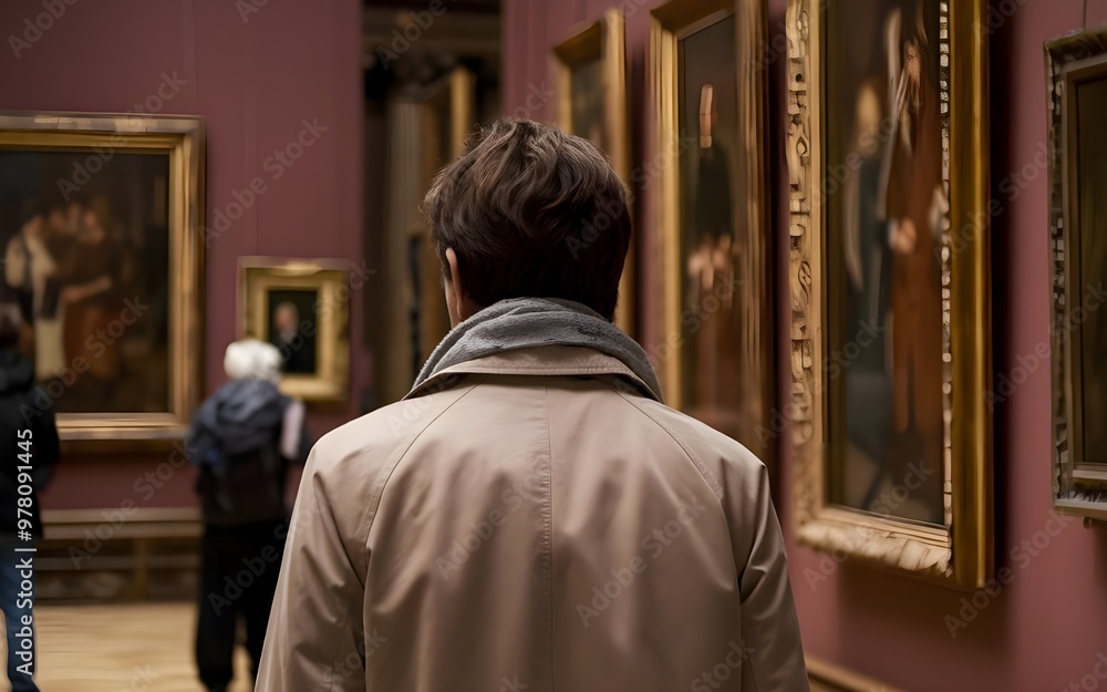 Back of an adult person in an old museum art gallery. The person is wearing a beige coat and a gray scarf. He's looking at renaissance style paintings on the wall. Back of an adult person in an old museum art gallery. The person is wearing a beige coat and a gray scarf. He's looking at renaissance style paintings on the wall.