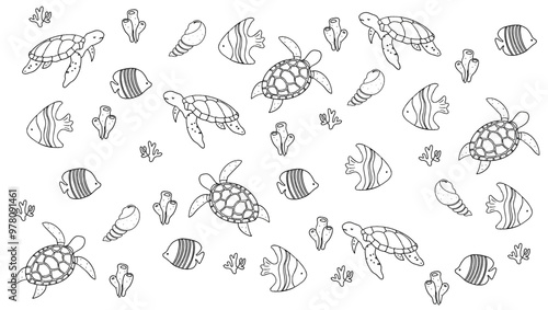 Ocean sea animals doodle outline set. Baground pattern icon, Cartoon comic design or marine funny book for kids shells, whales, seals, fish, turtles, crabs, coral reef vector photo