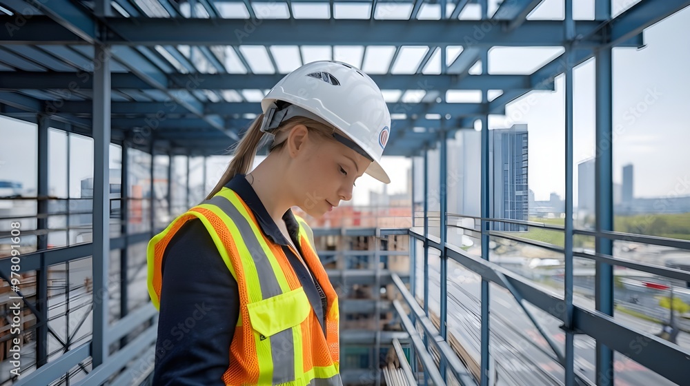 A young female construction worker wearing a safety helmet, standing on a steel structure. She is looking downwards.The background reveals a city with buildings under construction. A young female construction worker wearing a safety helmet, standing on a steel structure. She is looking downwards.The background reveals a city with buildings under construction.