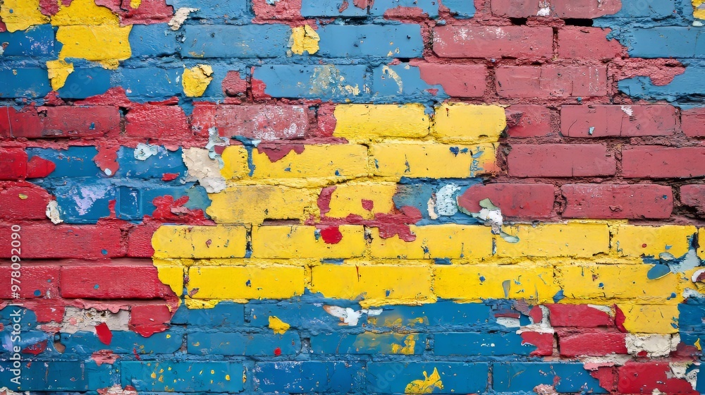 Vibrant brick wall covered in splashes of bright yellows, reds, and blues, textured surface, abstract design, chaotic yet harmonious, street art, high contrast Vibrant brick wall covered in splashes of bright yellows, reds, and blues, textured surface, abstract design, chaotic yet harmonious, street art, high contrast