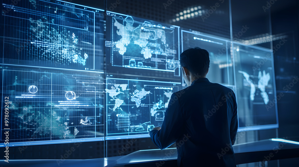 Analyst überwacht globale Netzwerksysteme auf mehreren Bildschirmen - Ai-Ki generiert Analyst überwacht globale Netzwerksysteme auf mehreren Bildschirmen - Ai-Ki generiert