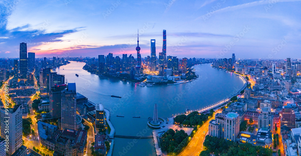 Obraz premium Aerial view of modern city skyline and buildings at sunrise in Shanghai