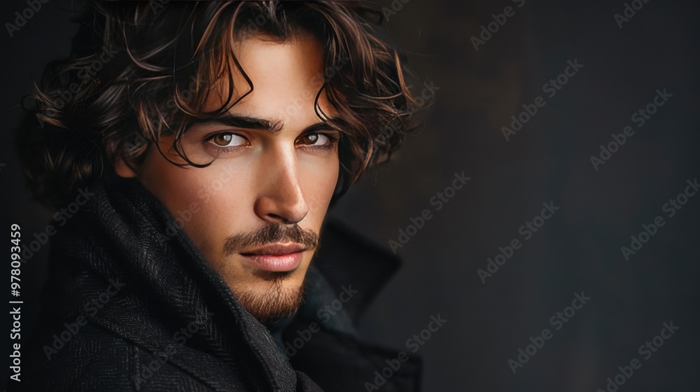 Young man with curly hair posing in dark attire indoors Young man with curly hair posing in dark attire indoors