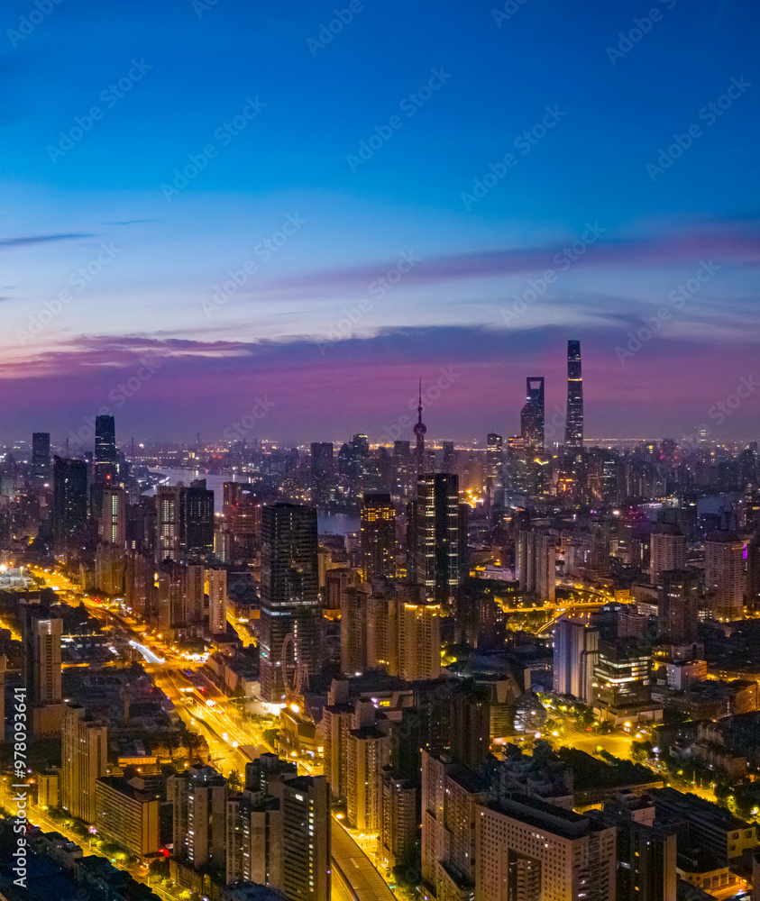 Obraz premium Aerial view of modern city skyline and buildings at sunrise in Shanghai