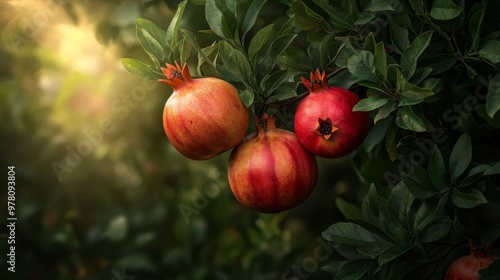 a pomegranate tree branch heavy with ripe fruit photo