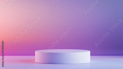 A simple white podium with a matte surface, placed in front of a gradient background moving from lavender to dark purple. The subtle lighting and soft colors create a sophisticated, elegant scene.