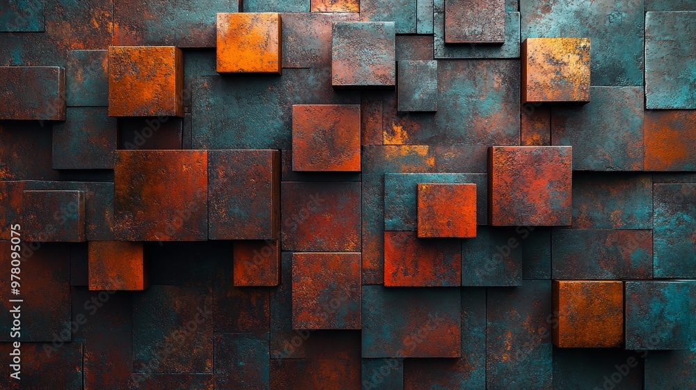 Interlocking brick patterns disassembled and floating in space, forming a surreal wall texture, top view, representing fragmented realities, digital tone, Analogous Color Scheme Interlocking brick patterns disassembled and floating in space, forming a surreal wall texture, top view, representing fragmented realities, digital tone, Analogous Color Scheme