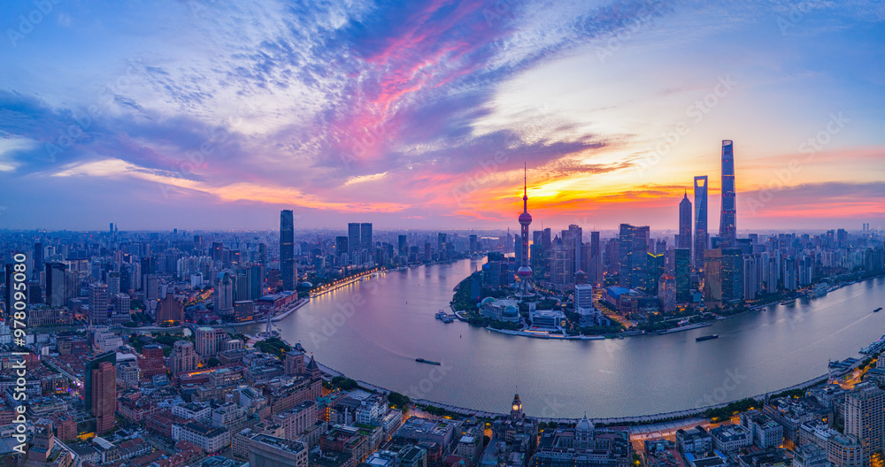 Obraz premium Aerial view of modern city skyline and buildings at sunrise in Shanghai
