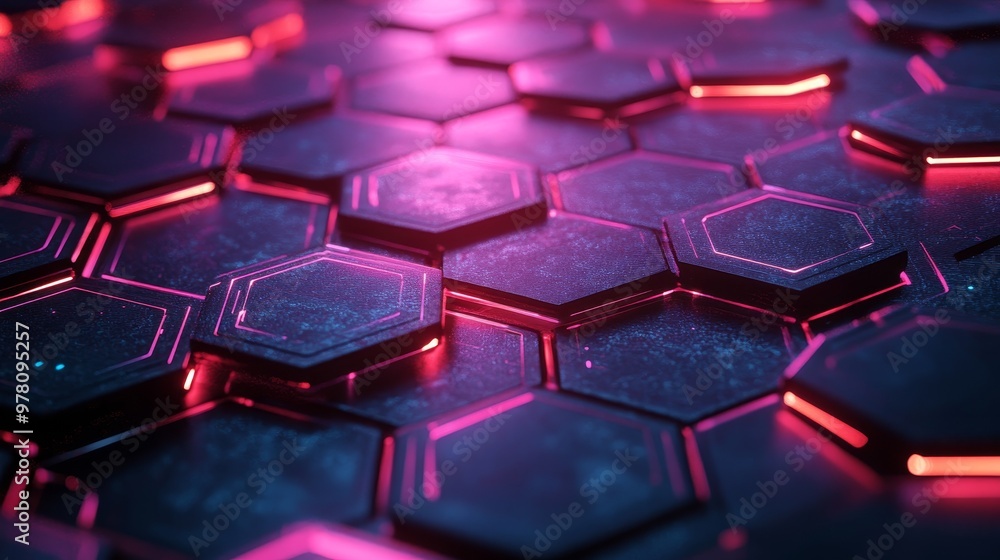 Fototapeta premium Interlocking transparent hexagons with subtle holographic reflections, layered over a dark gradient, sci-fi feel with digital interface elements, 3D render, Soft Lighting