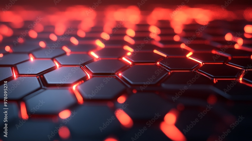 Interwoven hexagonal grid in dark steel texture, glowing red highlights, side view Interwoven hexagonal grid in dark steel texture, glowing red highlights, side view