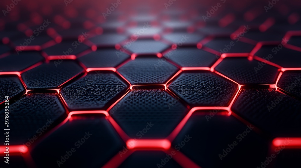 Fototapeta premium Interwoven hexagonal grid in dark steel texture, glowing red highlights, side view