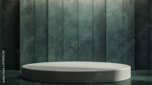 A sleek matte gray podium with subtle textures, illuminated by gentle lighting. The background features a gradient from forest green to dark teal, creating an earthy, modern aesthetic.