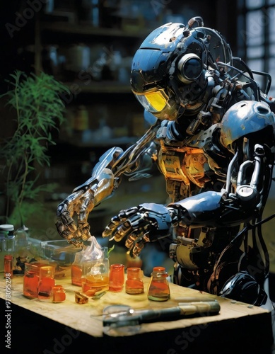 A humanoid robot in a futuristic lab meticulously conducting a chemistry experiment. The robot's mechanical hands are carefully handling various chemicals, with beakers and flasks spread across the