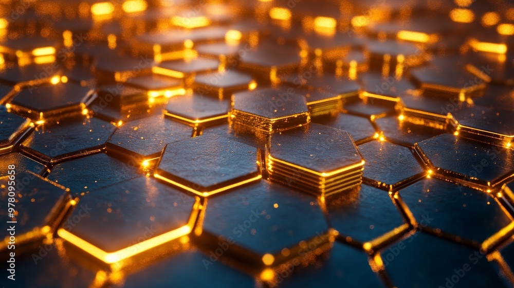 Metallic hexagonal grid, glowing gold and bronze, digital rendering with soft light reflections, elegant modern style, sharp details, high-tech futuristic design Metallic hexagonal grid, glowing gold and bronze, digital rendering with soft light reflections, elegant modern style, sharp details, high-tech futuristic design