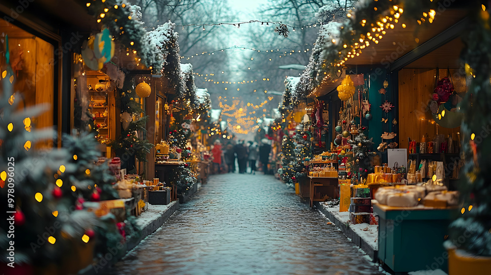 Fototapeta premium Cozy Snowy Christmas Market Street Illustration