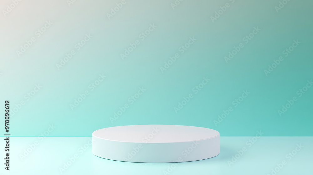 A smooth white podium with a matte surface, standing against a gradient background blending from soft blue to pale green. The cool, fresh tones and soft lighting create a calm, elegant visual for A smooth white podium with a matte surface, standing against a gradient background blending from soft blue to pale green. The cool, fresh tones and soft lighting create a calm, elegant visual for