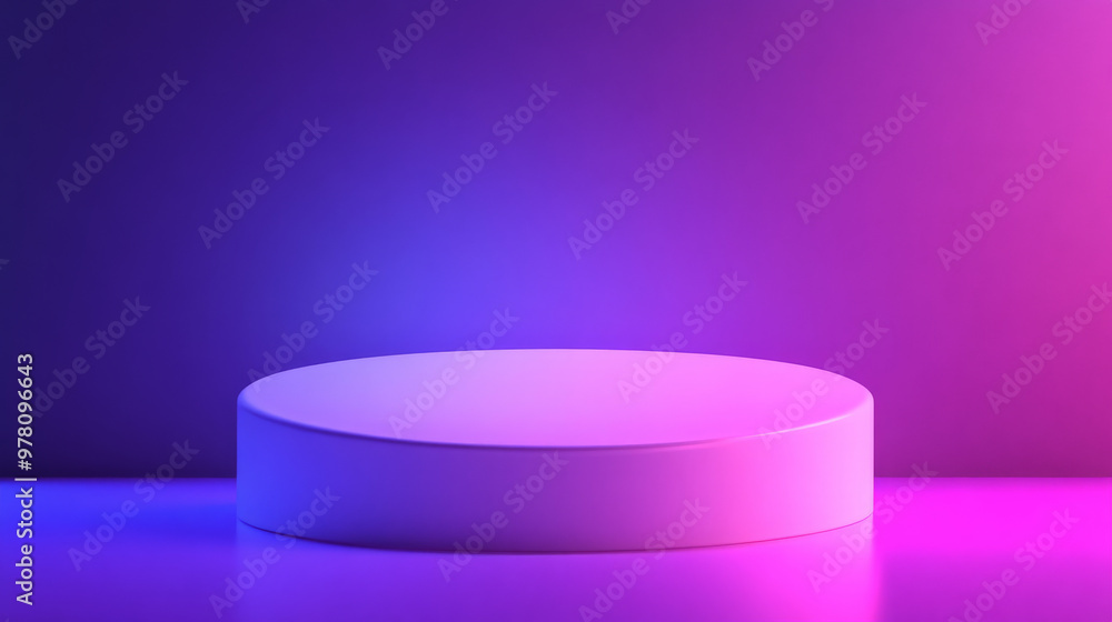 A smooth, glossy white podium illuminated by soft purple and pink lighting. The background transitions from deep purple to midnight blue, creating a soft yet dramatic contrast. A smooth, glossy white podium illuminated by soft purple and pink lighting. The background transitions from deep purple to midnight blue, creating a soft yet dramatic contrast.