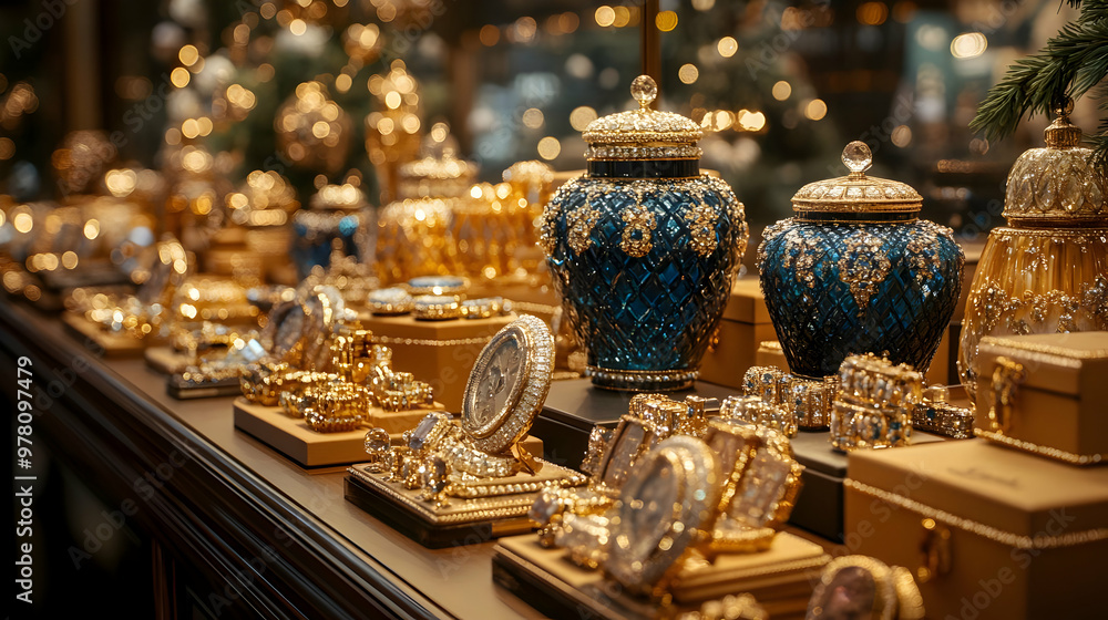 Ornate Gold and Blue Crystal Vases on Display Ornate Gold and Blue Crystal Vases on Display