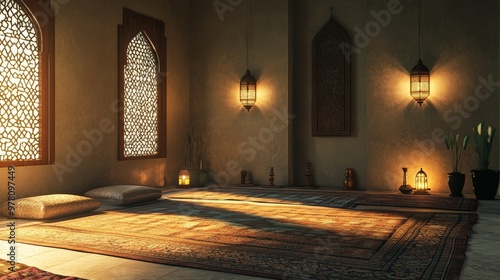 A traditional Ramadan prayer room with soft lighting, prayer mats, and Qurans open, reflecting the spiritual essence of the holy month. photo