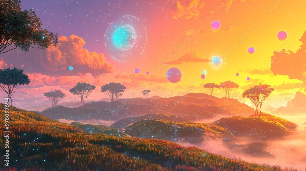 Digital Dreamscape: Pixelated Grass Hills and Floating Islands at Sunset Digital Dreamscape: Pixelated Grass Hills and Floating Islands at Sunset