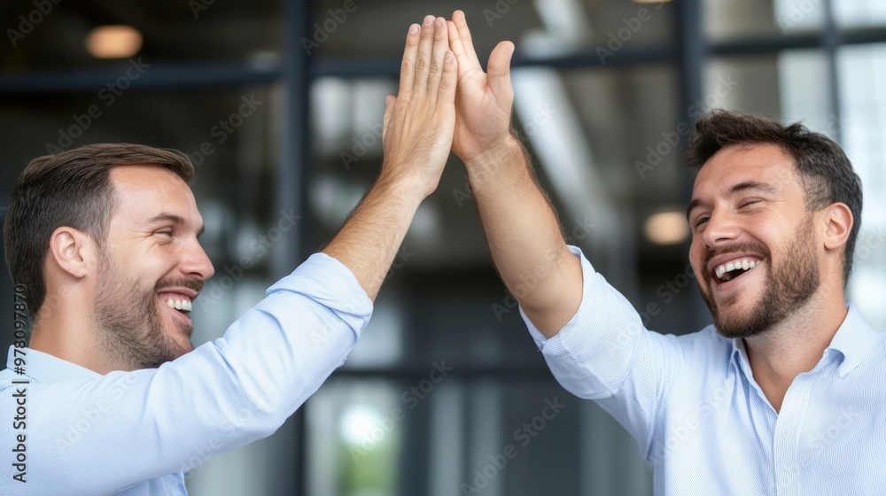 Two men giving each other a high five in the office, AI Two men giving each other a high five in the office, AI